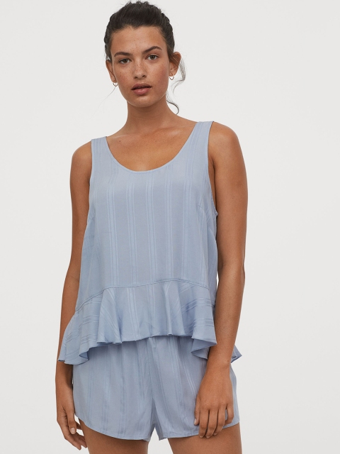 

H&M Women Blue Striped Pyjama Vest Top and Shorts