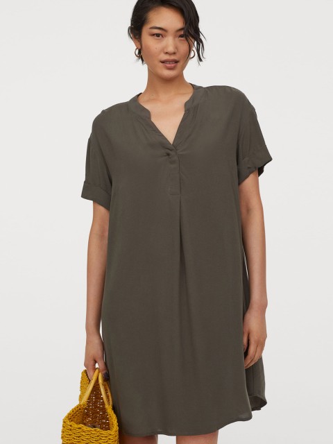 

H&M Women Olive Green Solid V-neck Dress
