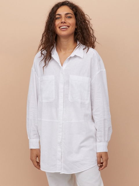 

H&M Women White Long Linen-Blend Shirt