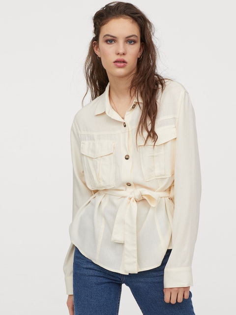 

H&M Women White Utility Shirt with a Tie Belt