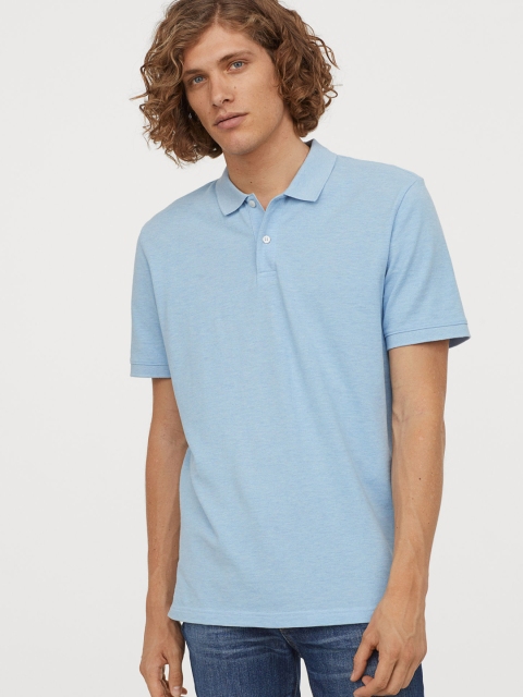 

H&M Men Blue Solid Cotton Polo Shirt