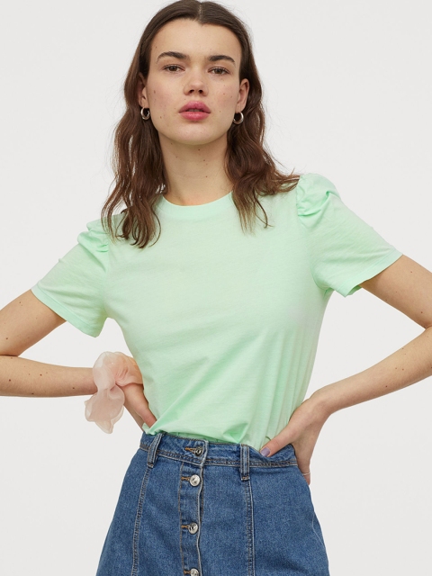 

H&M Women Mint Green Solid Puff-Sleeved T-shirt