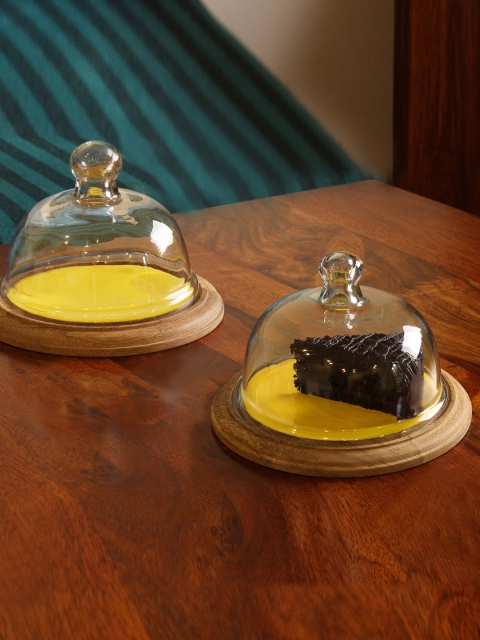

RangRoots Set Of 2 Brown & Yellow Dome Shaped Cake Stand With Glass Cloche