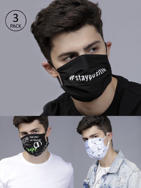 

LOCOMOTIVE Men 3 Pcs 2-Ply Printed Reusable Anti-Pollution Cotton Masks, Black