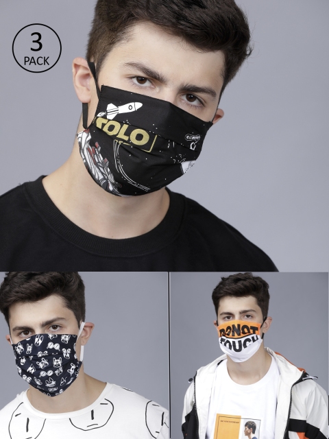 

LOCOMOTIVE Men 3 Pcs 2-Ply Printed Reusable Anti-Pollution Cotton Masks, Black
