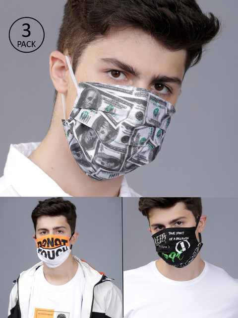 

LOCOMOTIVE Men 3 Pcs 2-Ply Printed Reusable Anti-Pollution Cotton Masks, Black