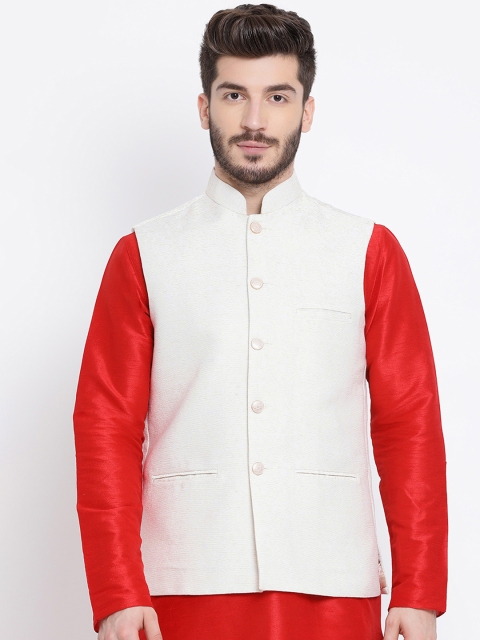 

NAMASKAR Men White Solid Pure Silk Nehru Jacket