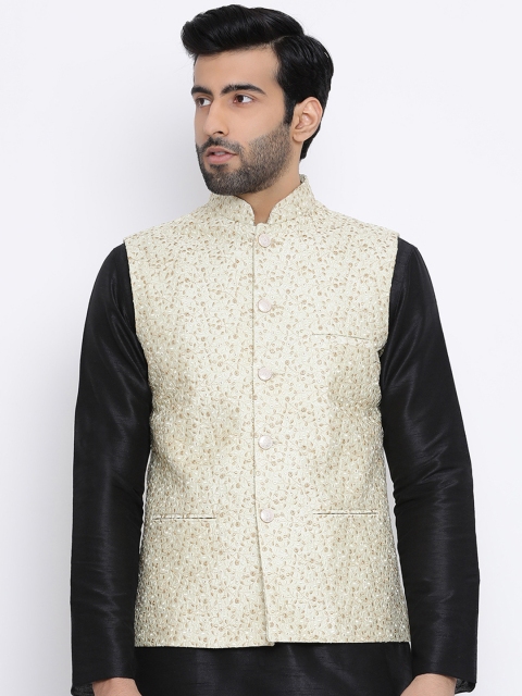 

NAMASKAR Men Off White & Beige Woven Design Pure Silk Nehru Jacket