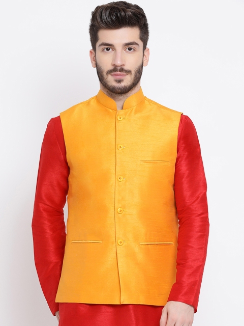 

NAMASKAR Men Mustard Yellow Solid Woven Nehru Jacket