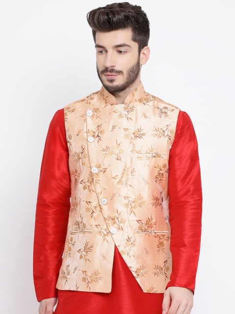

NAMASKAR Men Gold-Toned & Beige Printed Pure Silk Nehru Jacket