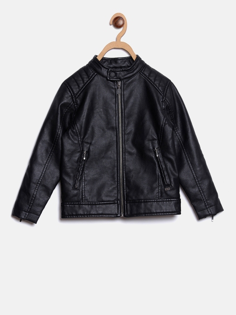 

Blue Giraffe Boys Black Solid Leather Jacket