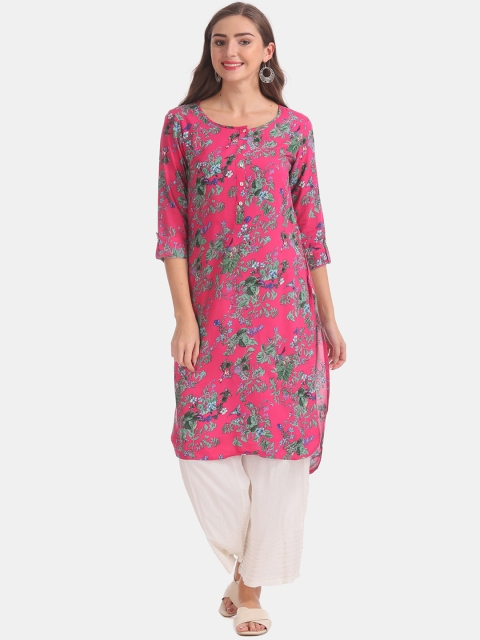 

Karigari Women Fuchsia Pink Floral Printed Straight Kurta