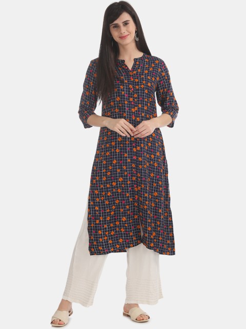 

Karigari Women Blue & Orange Printed Straight Kurta