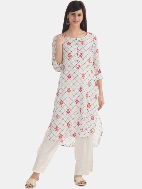 

Karigari Women White & Blue Checked Straight Kurta