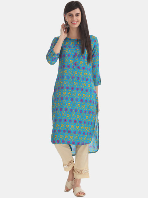 

Karigari Women Blue Floral Printed Straight Kurta