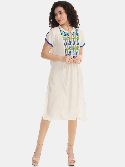 

Karigari Women White & Blue Yoke Design Gathered Straight Kurta