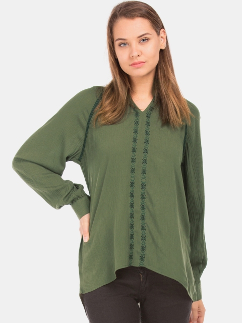 

Cherokee Women Olive Green Embroidered High-Low Top