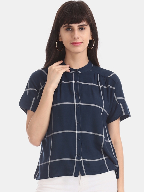 

Cherokee Women Navy Blue Checked Shirt Style Top