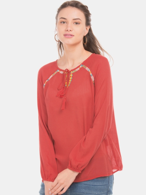 

Cherokee Women Red Embroidered A-Line Top