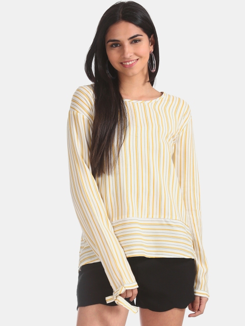 

Cherokee Women White & Mustard Yellow Striped High-Low Top