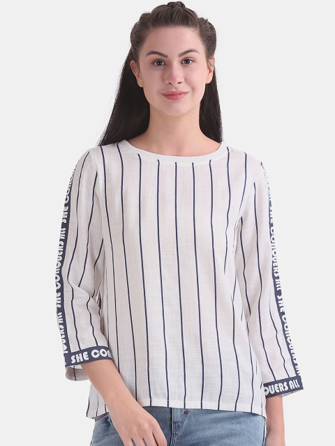 

Cherokee Women White & Navy Blue Striped Top With Side Stripes