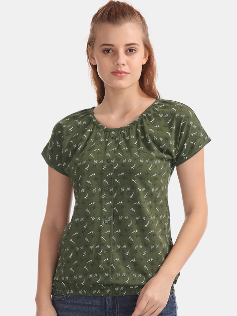 

Cherokee Women Olive Green Floral Print Blouson Top