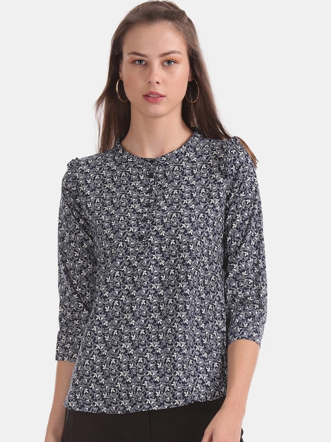 

Cherokee Women Navy Blue Floral Print Shirt Style Top