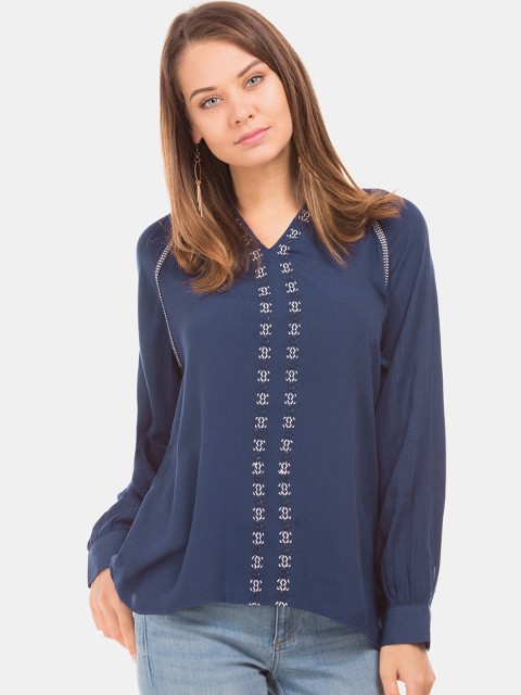 

Cherokee Women Navy Blue Embroidered A-Line Top