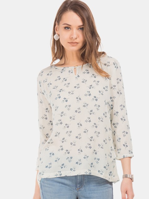 

Cherokee Women White & Navy Blue Floral Printed A-Line Top