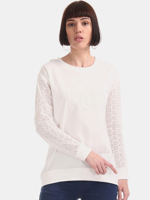 

Cherokee Women White Embroidered Schiffli Pure Cotton Top