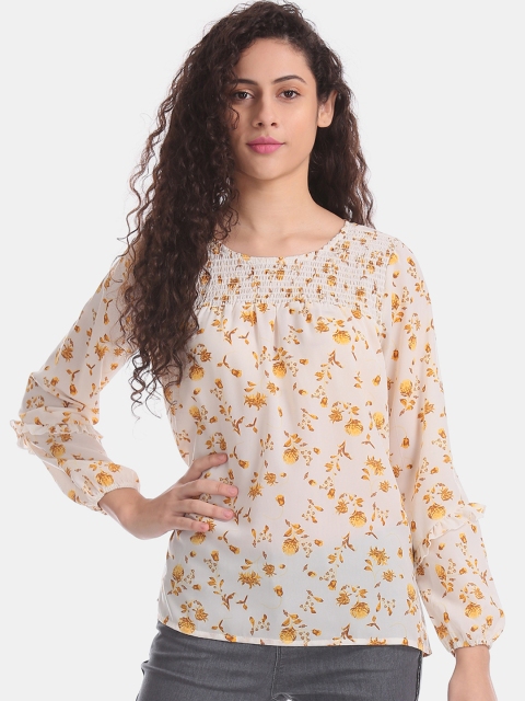 

Cherokee Women Off-White Floral Print Smoked Top