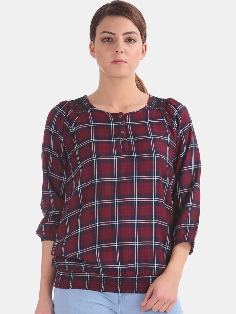 

Cherokee Women Red & Navy Blue Checked Blouson Top