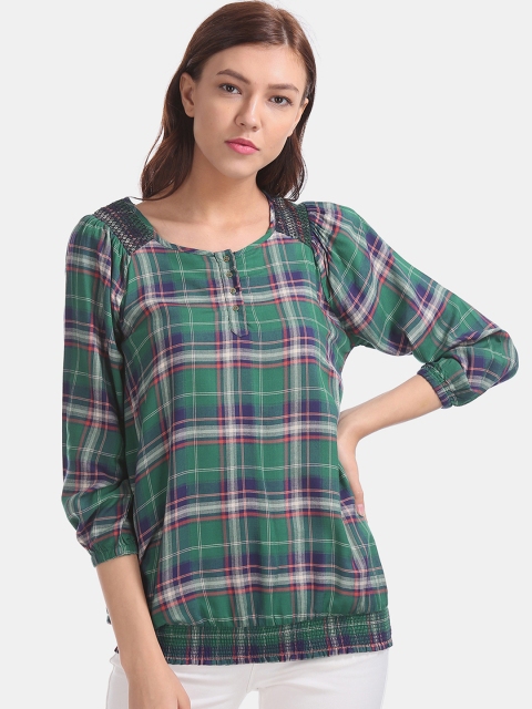 

Cherokee Women Green & White Checked Blouson Top