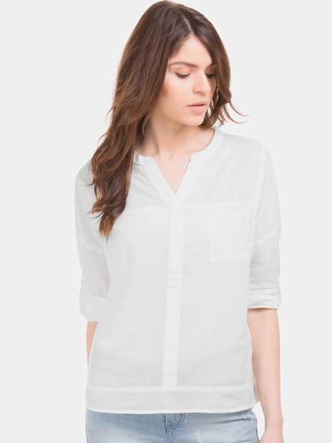

Cherokee Women White Solid Shirt Style Pure Cotton Top