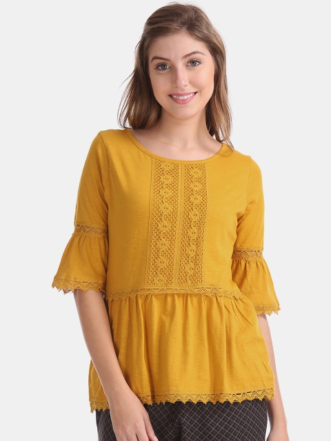 

Cherokee Women Yellow Self Design A-Line Pure Cotton Top