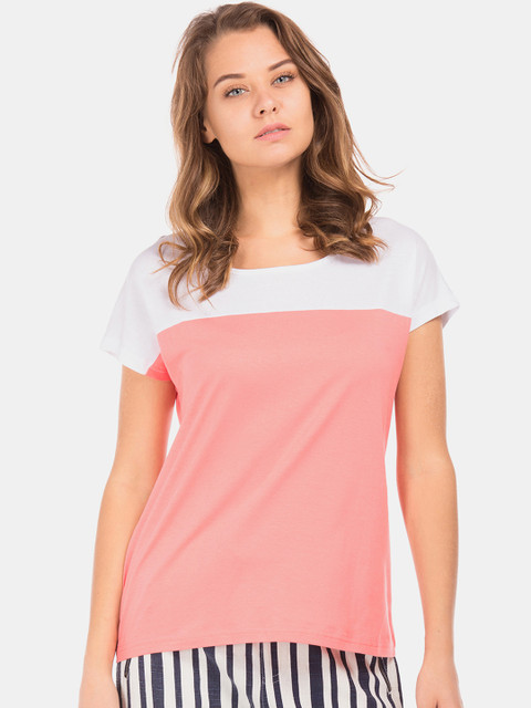 

Cherokee Women Coral Pink & White Colourblocked Round Neck T-shirt