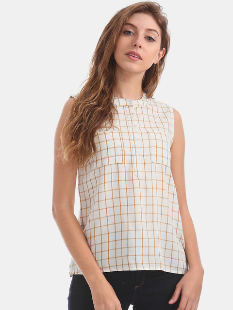 

Cherokee Women White & Tan Brown Checked Shirt Style Top