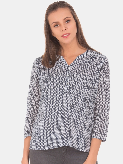 

Cherokee Women Blue Printed Shirt Style Pure Cotton Top, Navy blue