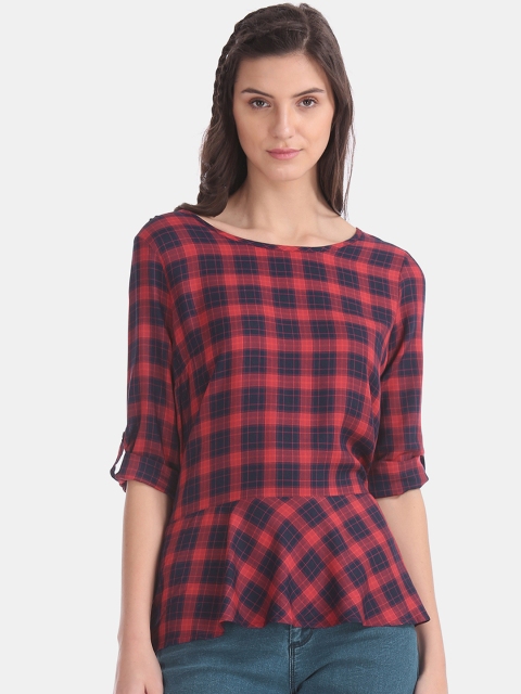 

Cherokee Women Red & Navy Blue Checked Peplum Top