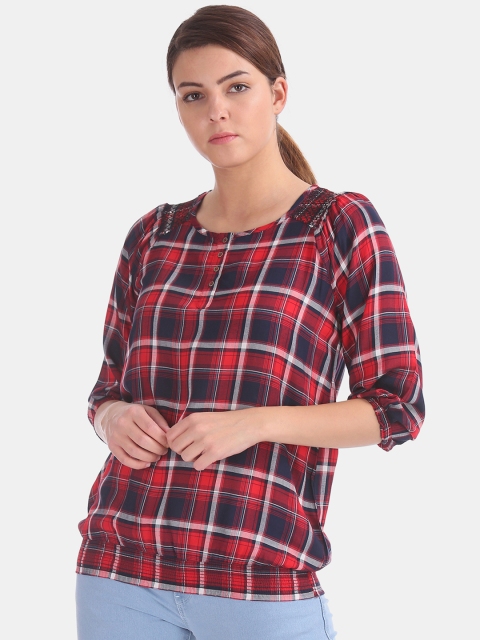 

Cherokee Women Red & Navy Blue Checked Blouson Top with Smocking Detail