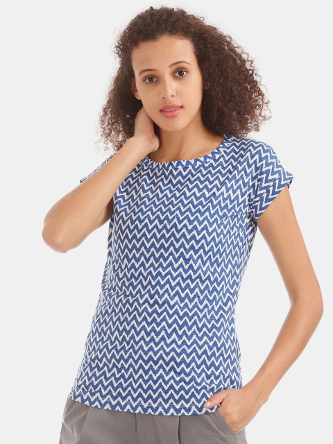 

Cherokee Women Blue & White Chevron Printed Pure Cotton Top