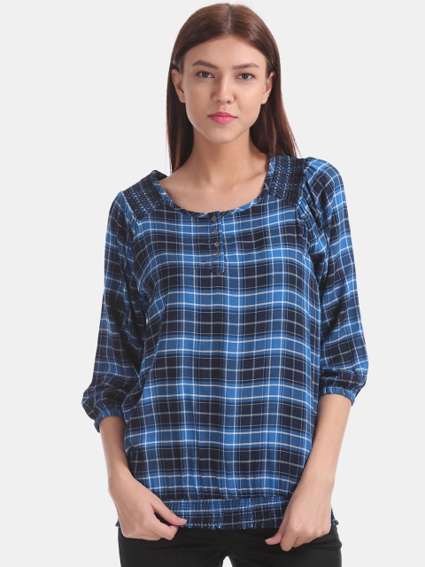 

Cherokee Women Blue & Black Checked Blouson Top