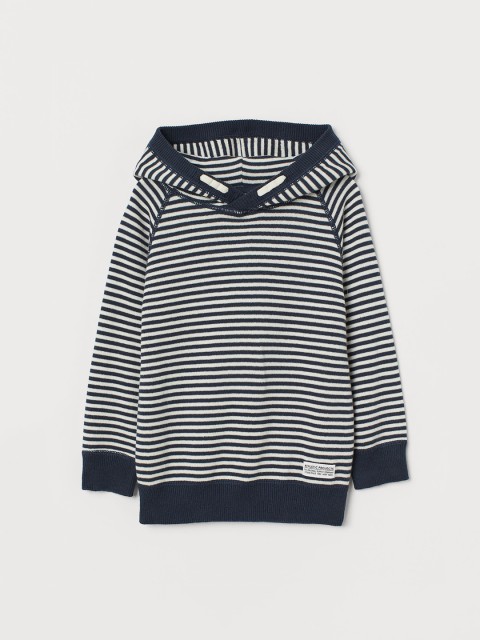 

H&M Boys Navy Blue & White Striped Fine-Knit Hooded Jumper