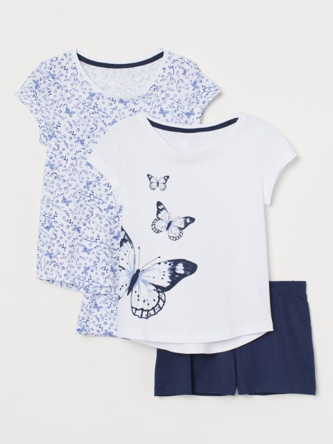 

H&M Girls Pack Of 2 White & Navy Blue Printed Jersey Lounge Pants with Top