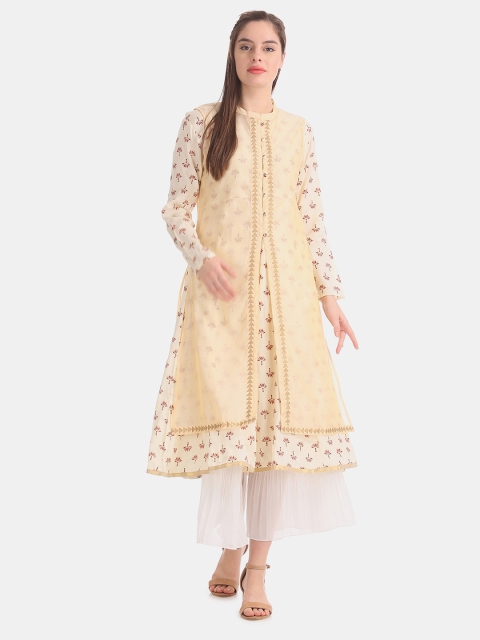 Women Cream-Coloured & Maroon Printed Layered A-Line Kurta