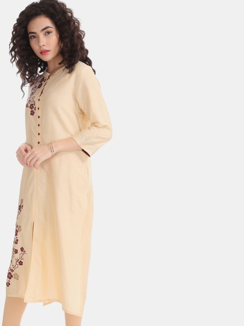 

Anahi Women Cream-Coloured & Maroon Floral Print Straight Kurta