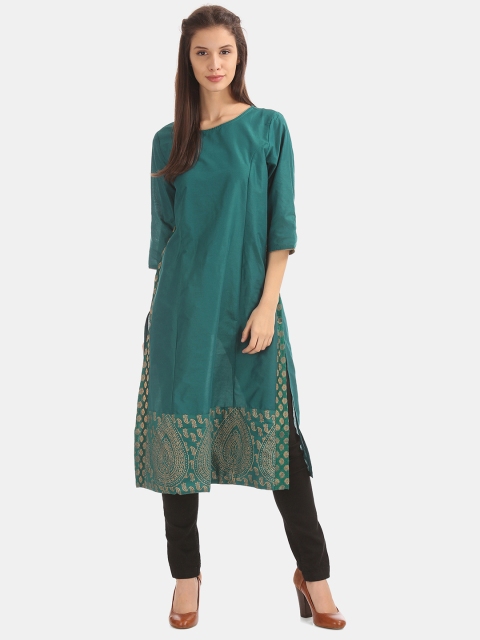 

Anahi Women Teal Blue & Golden Printed Straight Kurta With Waistcoat