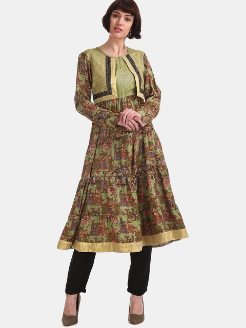 

Anahi Women Olive Green & Pink Quirky Print Anarkali Layered Kurta