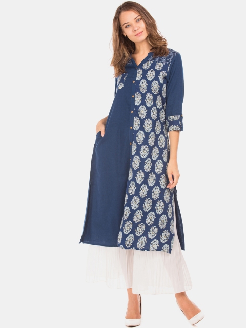 

Anahi Women Navy Blue & White Block Print Straight Kurta