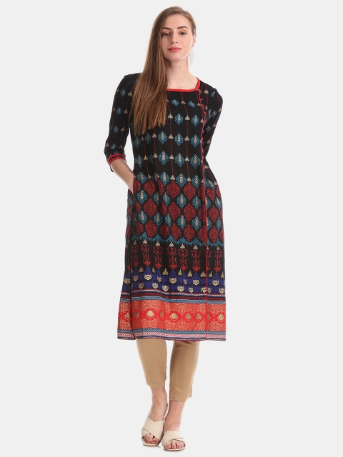 

Anahi Women Black & Red Block Print Straight Kurta